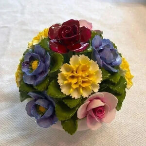 Vintage Aynsley England porcelain flowers in white bowl.